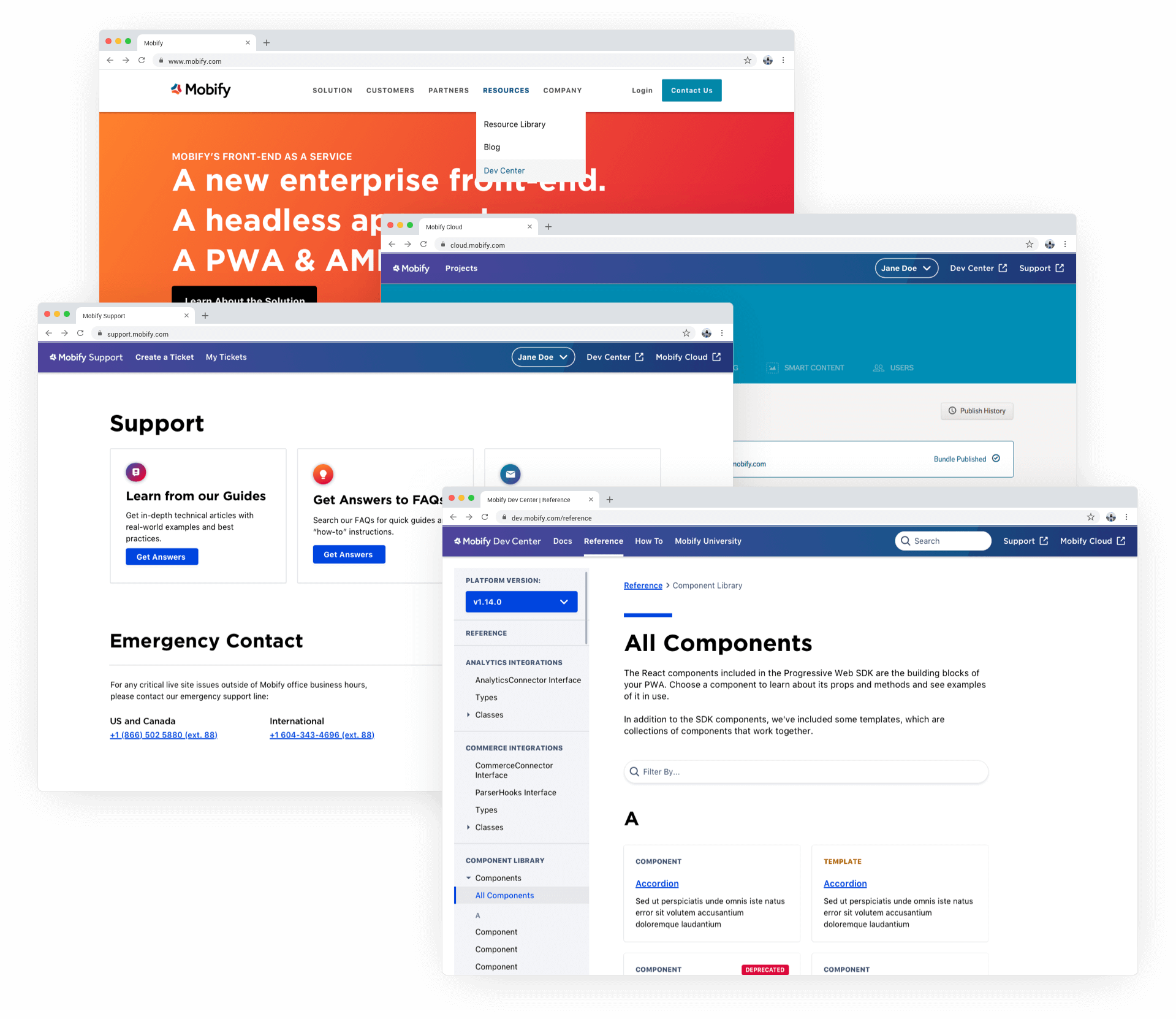 4 website screens overlapping one another showing the shared navigation bar style among each of the microsites