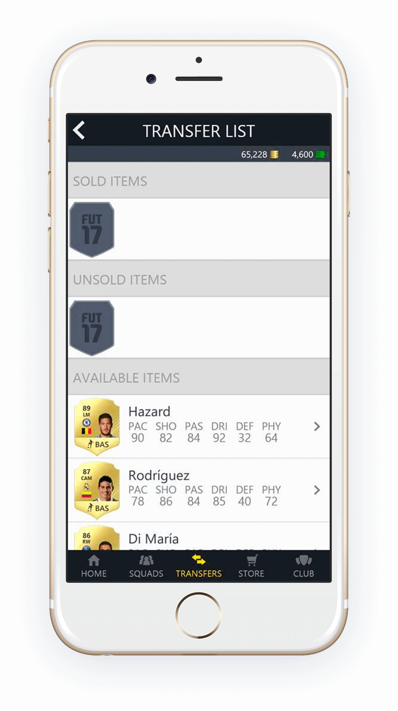 an iPhone 8 screen showing the FUT 17 Companion App empty screens for the Transfer List