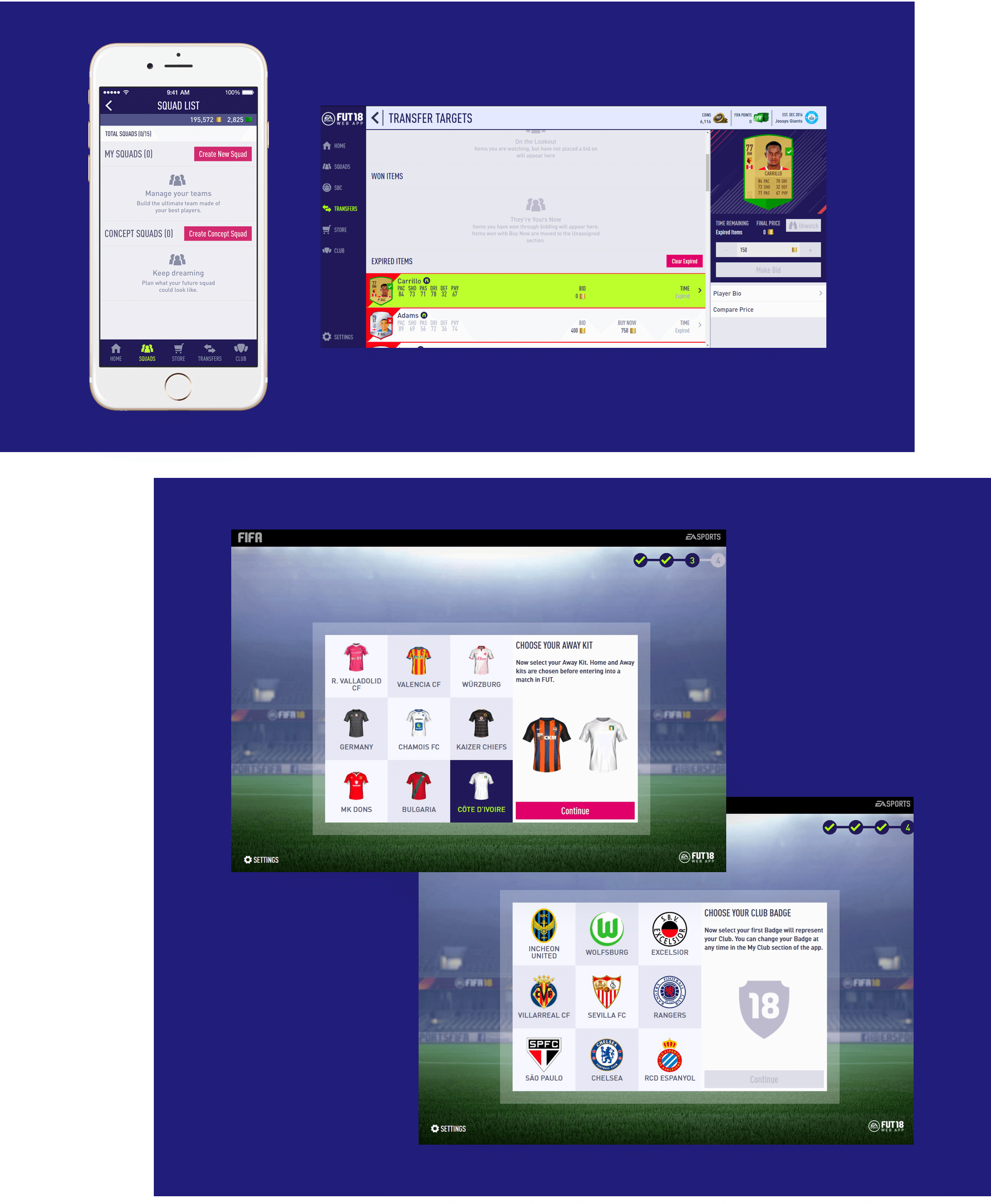 an iPhone 8 and web browser screen showing the final design for the Squad List empty state and 2 web browser screens showing the Onboarding 'Choose Your Kit' screen and 'Choose Your Club Badge' screen