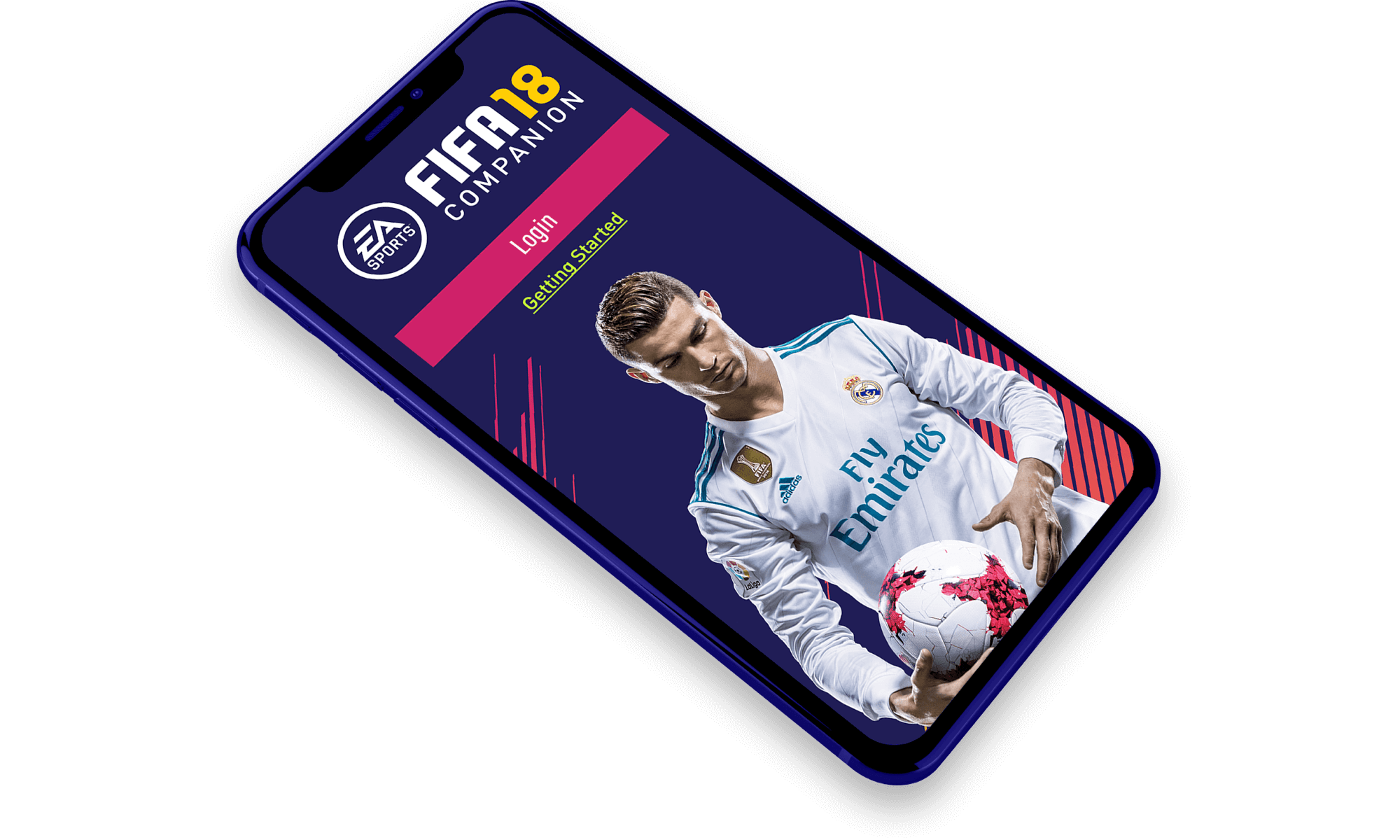 iPhone X showing the FIFA Ultimate 18 Companion App loading screen with Ronaldo