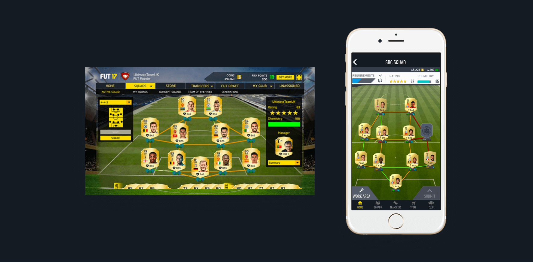 a web browser screen showing the FUT 17 Web App and an iPhone 8 showing the SBC Squad page