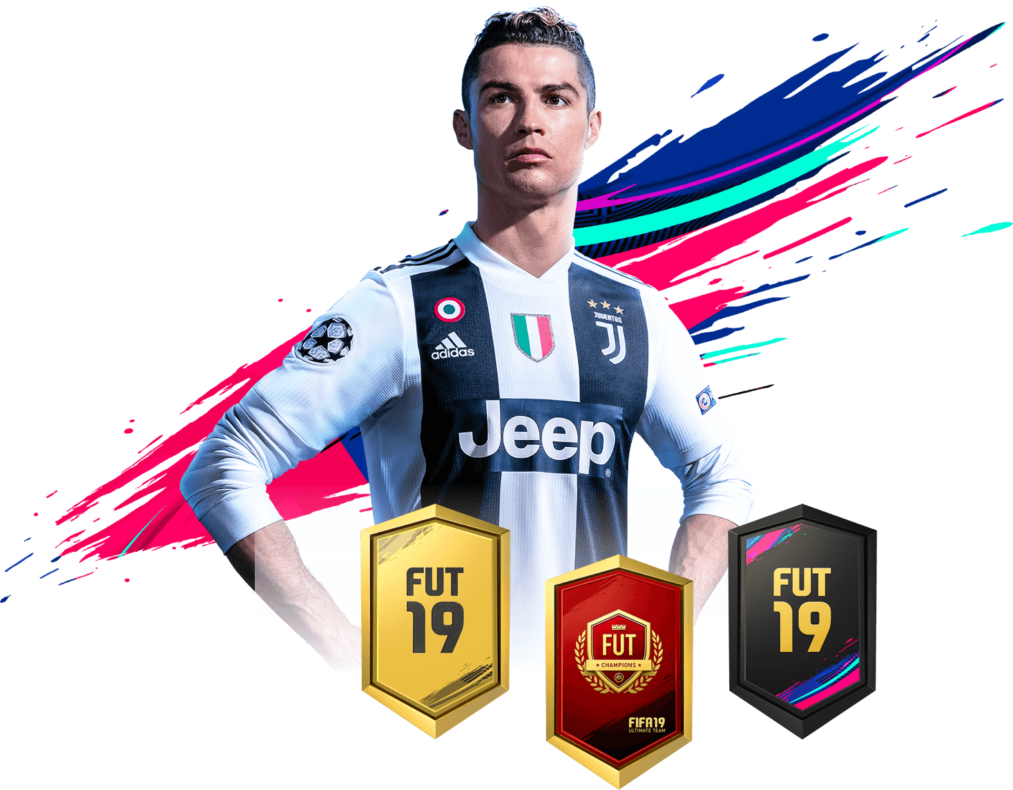 Ronaldo with FUT packs on a colourful watermark design
