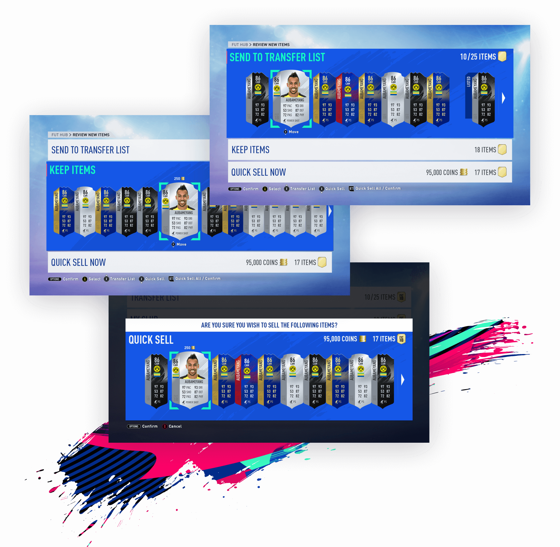 3 TV screens showing different selected states on the FIFA Ultimate Team 19 New Items screen'