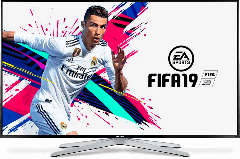 TV Screen showing the FIFA Ultimate Team 19 Console Game loading screen with Ronaldo