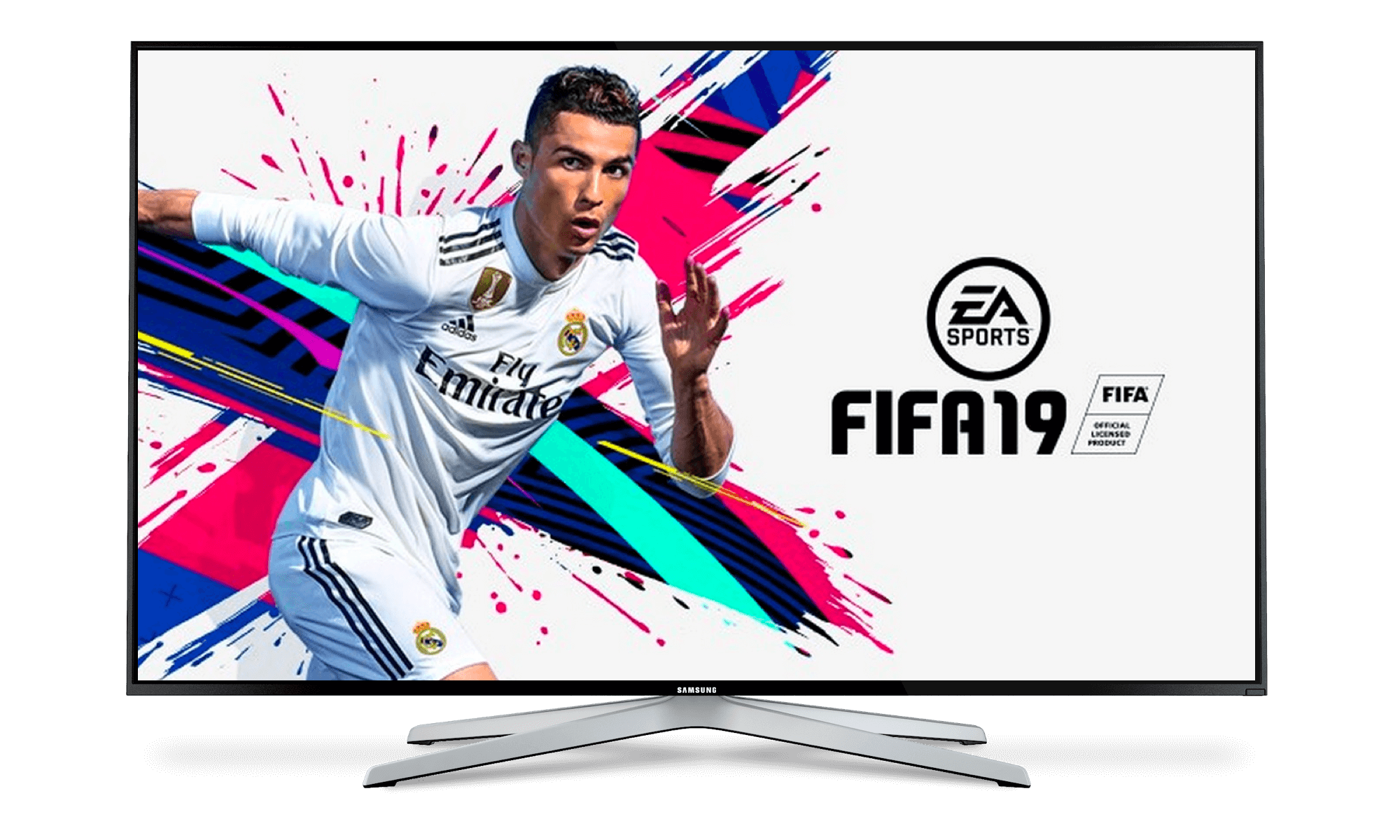 TV Screen showing the FIFA Ultimate Team 19 Console Game loading screen with Ronaldo